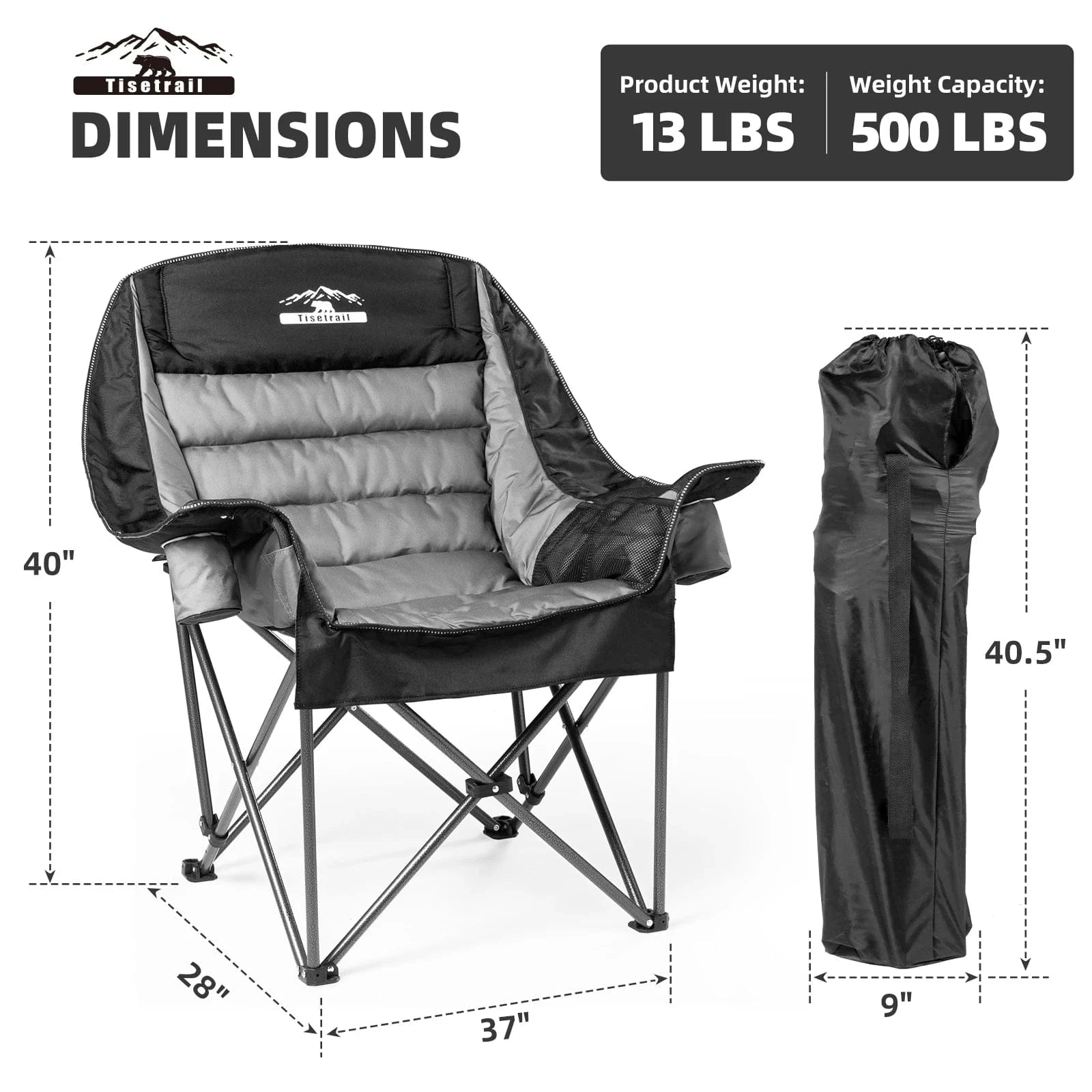 Tisetrail Oversized Padded Camping Chair – Extra Large Folding Chair for Adults with Side Pocket & Cup Holder - FastZen