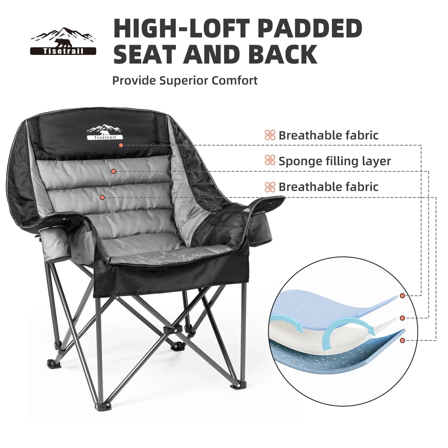 Tisetrail Oversized Padded Camping Chair – Extra Large Folding Chair for Adults with Side Pocket & Cup Holder - FastZen
