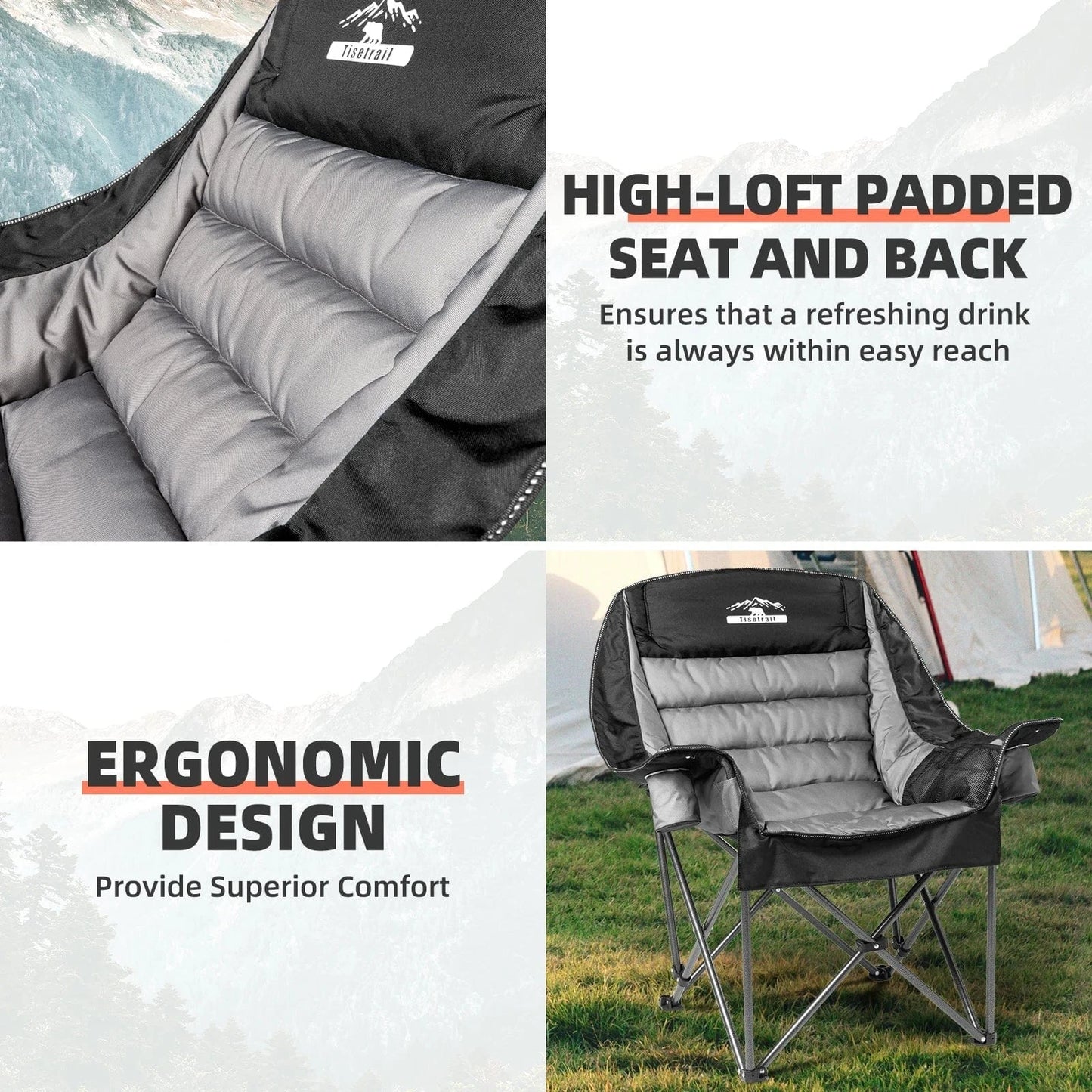 Tisetrail Oversized Padded Camping Chair – Extra Large Folding Chair for Adults with Side Pocket & Cup Holder - FastZen